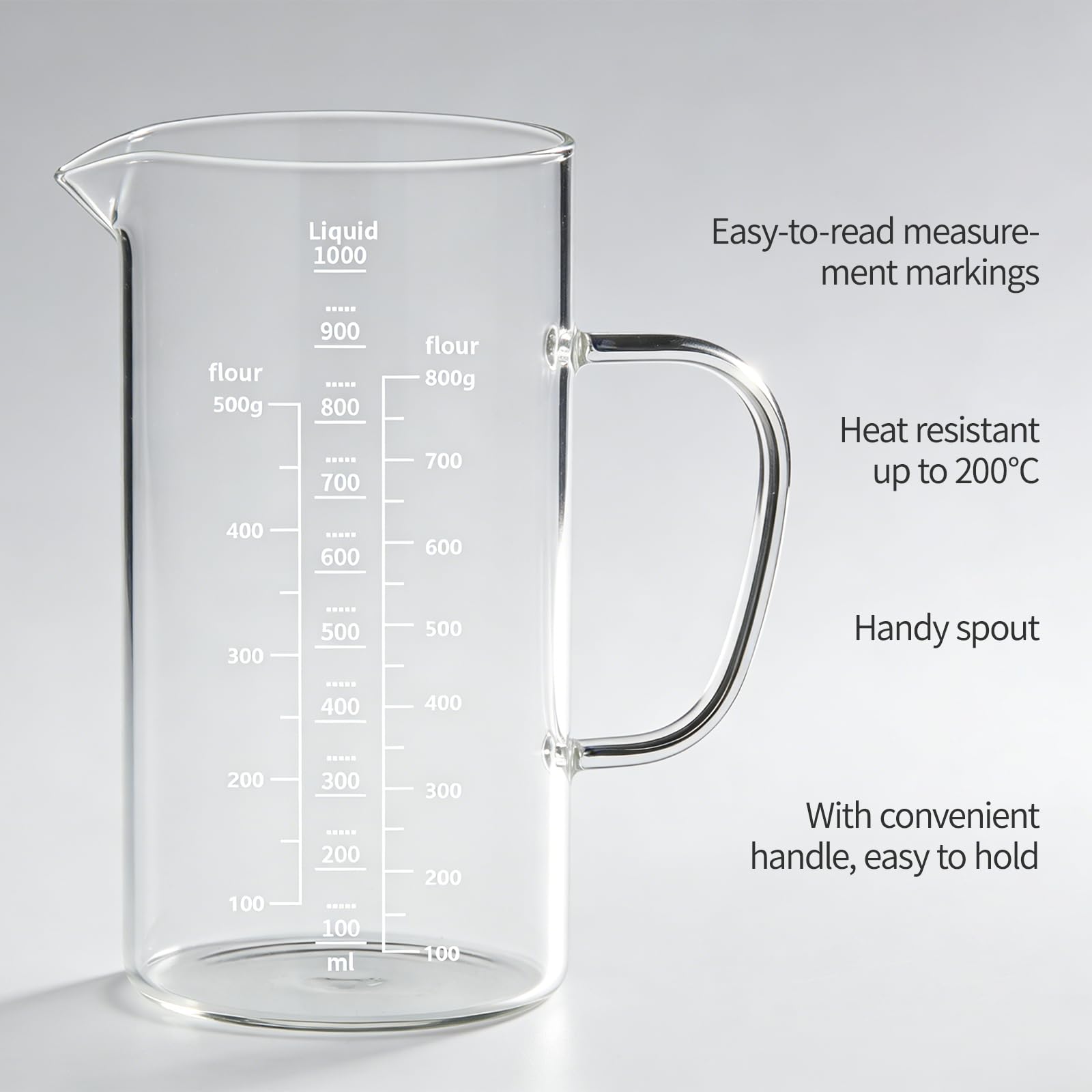 Jarra Medidora de Vidrio, 1000ml, Diámetro 9.5cm x H 17.5cm, Con Asa Incluida, Vaso Batidora Cristal, Vaso de Vidrio Resistente al Calor, Apto para Lavavajillas, para Cocina, Laboratorio