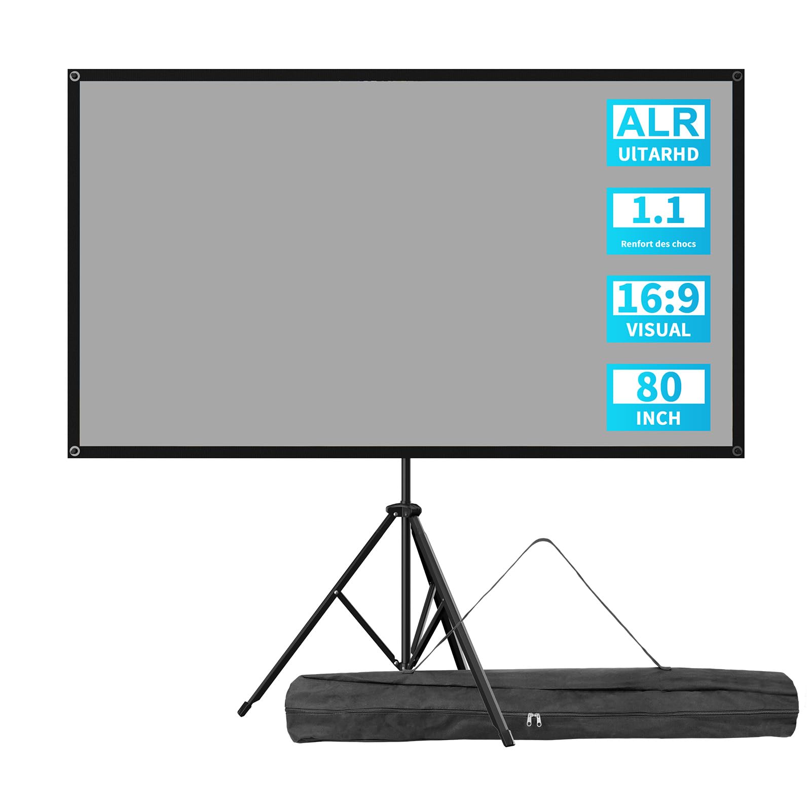 VISULAPEX 80”Écran Videoprojecteur avec Trépied, 4K HD 16:9 Ecran de Projection, Léger Facile à Installer Eran Projecteur, Idéal pour Cinéma Bureau et Présentations