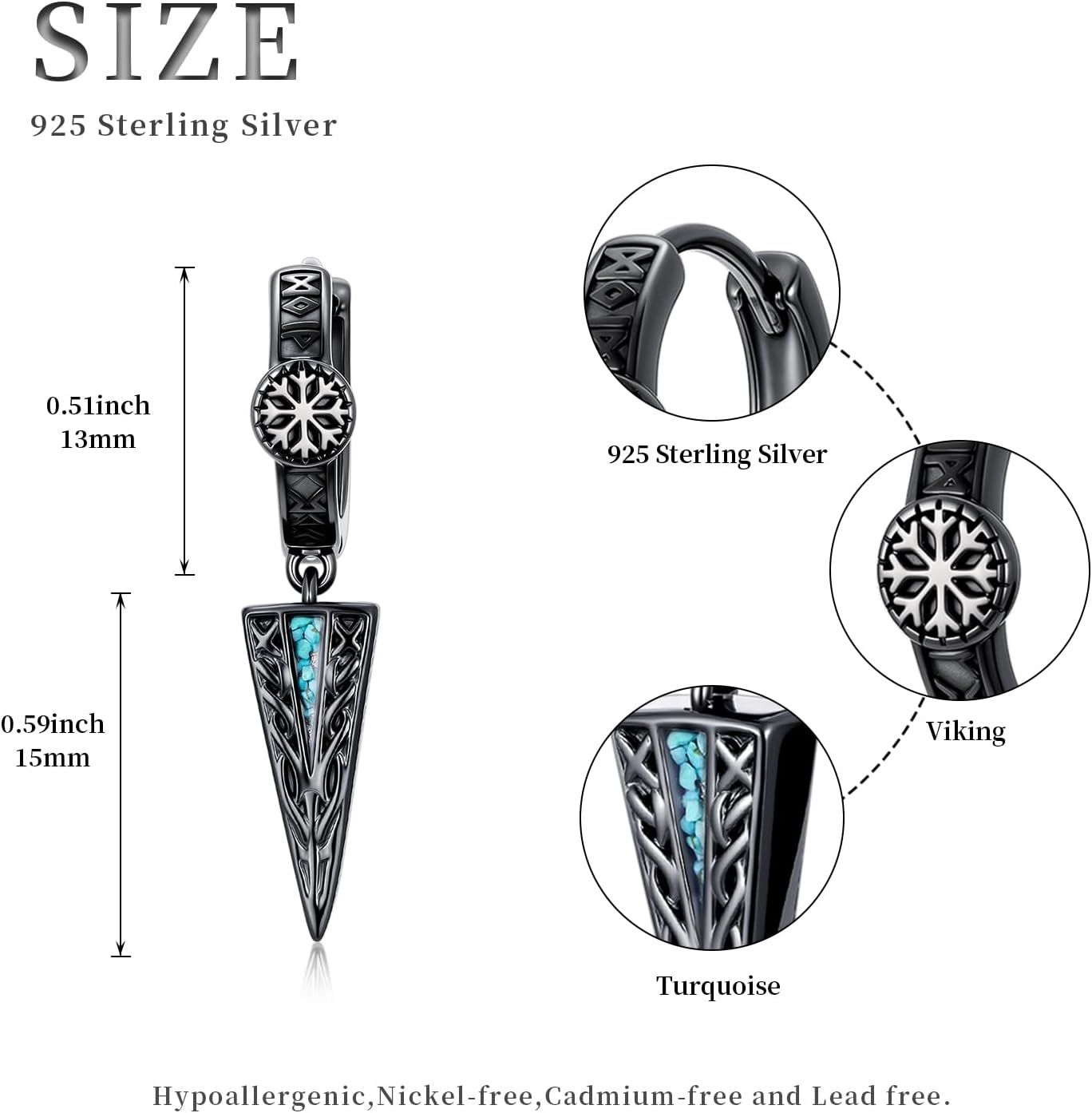 Gothic Punk Black Viking Runes/Wolf Head/Valknut Drop Dangle Earrings For Man 925 Sterling Silver Spike Dangle Drop Huggie Hoop Earrings Viking Jewelry Gifts for Women