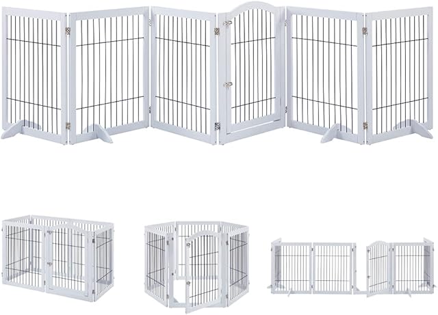 unipaws Extra Wide Dog Gate, Pet Playpen with Wooden Construction and Wire, 6 Panels Freestanding Walk Through Pet Gate with 4 Support Feet, Foldable Pet Exercise Pen, White