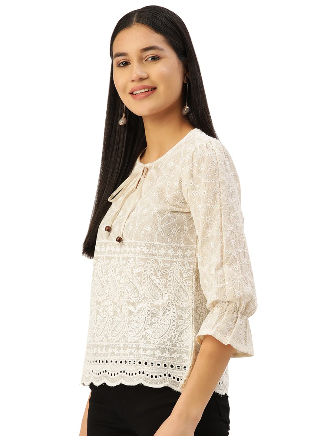 JAINISH Chikankari Sequen Work Empire Top (Cream, S) 1