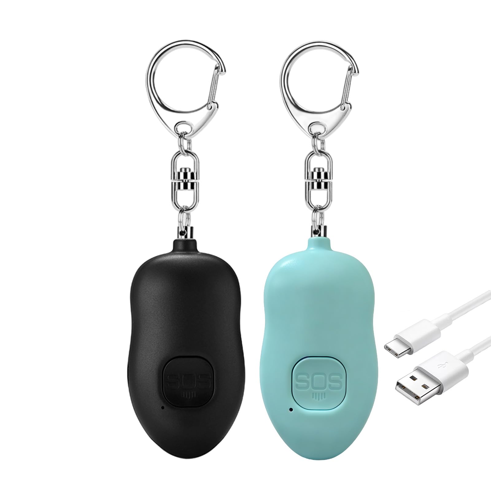 Alarma personal recargable de 130 dB, paquete de 2 alarmas de seguridad SOS con carga USB tipo C, luz LED para mujeres y ancianos, llavero de sirena de seguridad, alarma de autodefensa