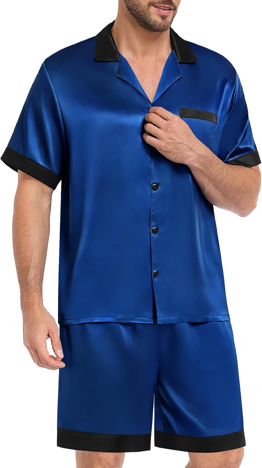 SWOMOG Men Satin Silk Pajamas Sets with Pockets Short Sleeve Button-Down PJs Sets 2 Piece Summer Sleepwear S-XXL - Image 7