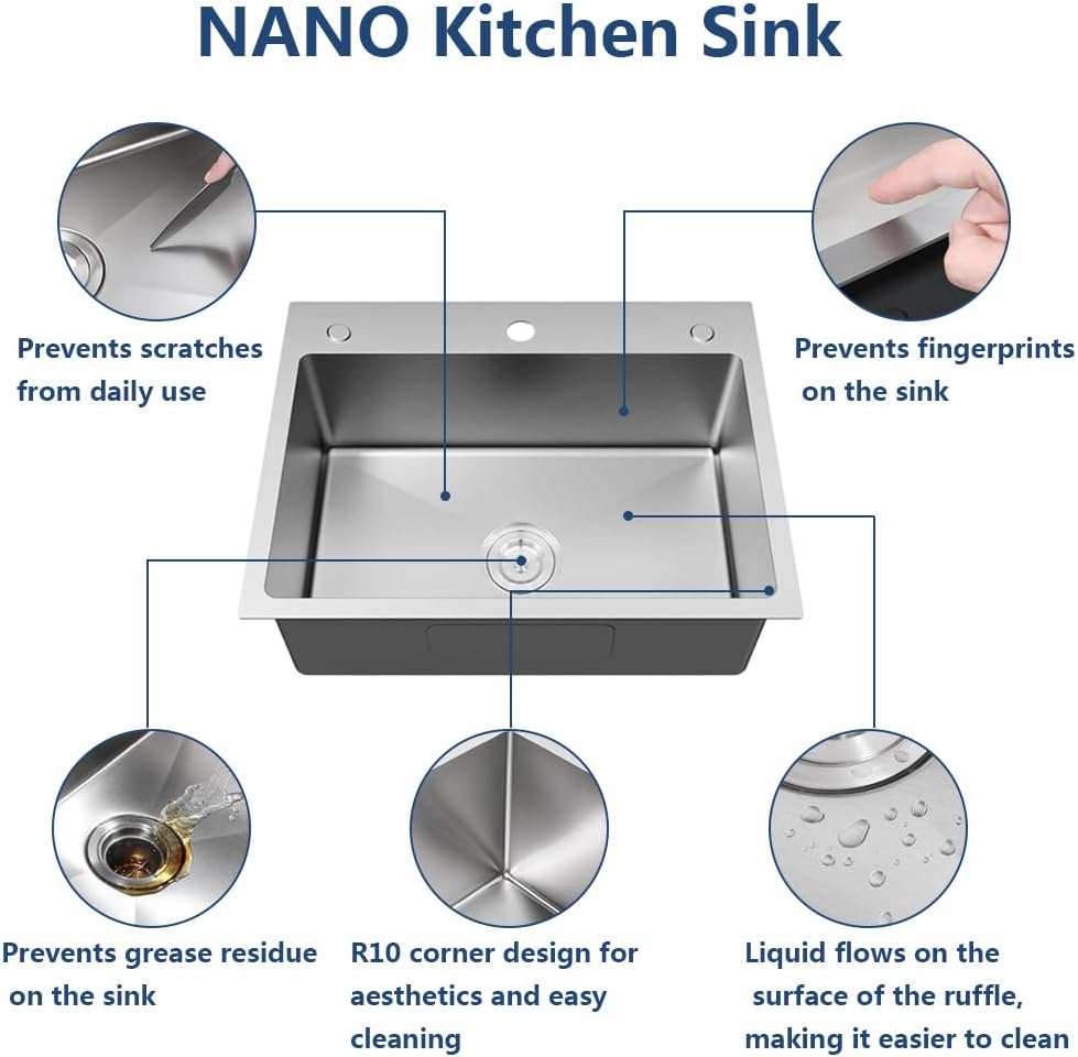 ARTLINE Drop In Stainless Steel Kitchen Sink, 3 Hole Topmount Single Bowl Workstation Sink, Farmhouse Workstation sink with Multiple Accessories (23.6 x 17.7in)