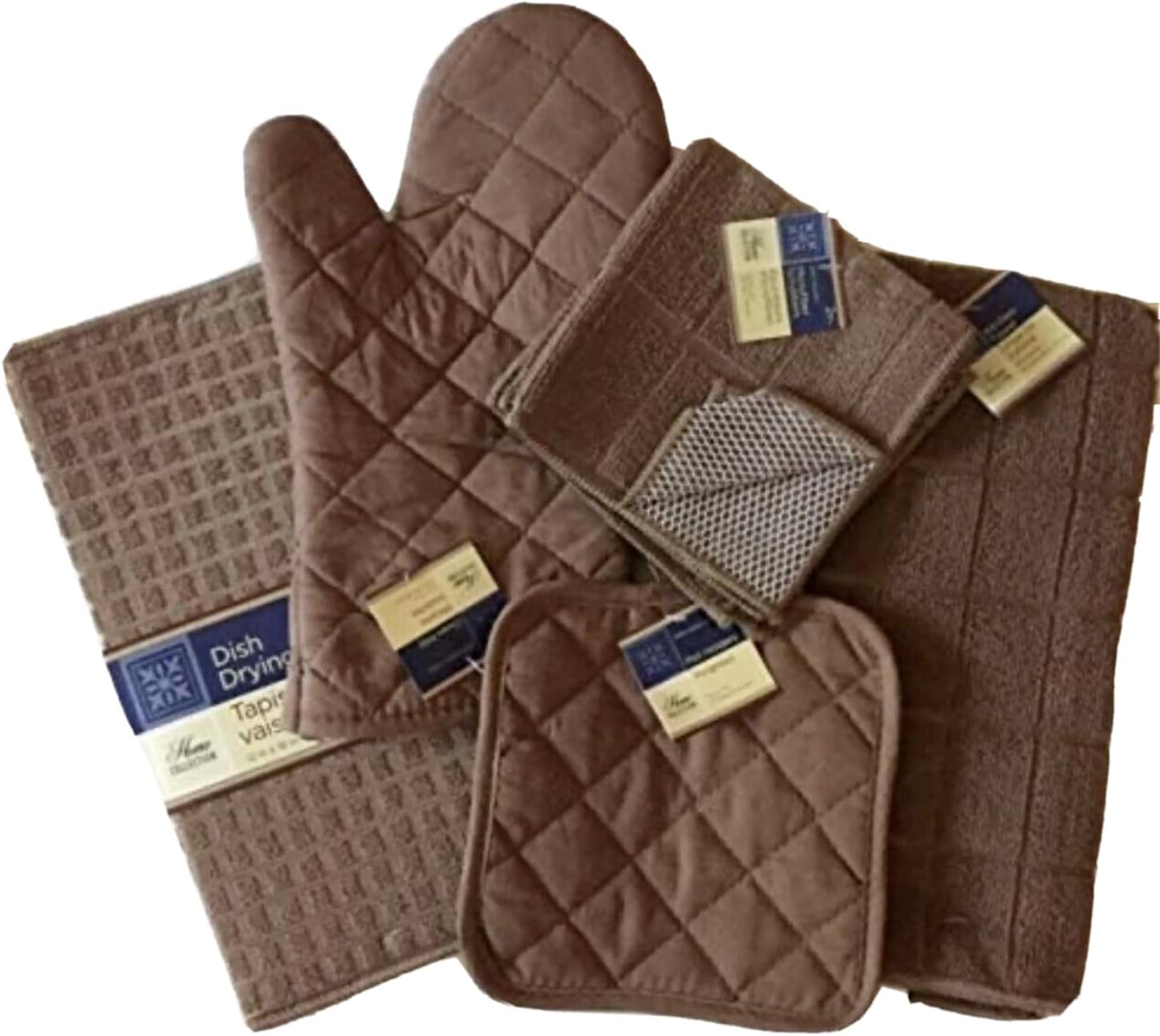 Kitchen Towel Set with 2 Quilted Pot Holders, Oven Mitt, Dish Towel, Dish Drying Mat, 2 Microfiber Scrubbing Dishcloths (Toffee)