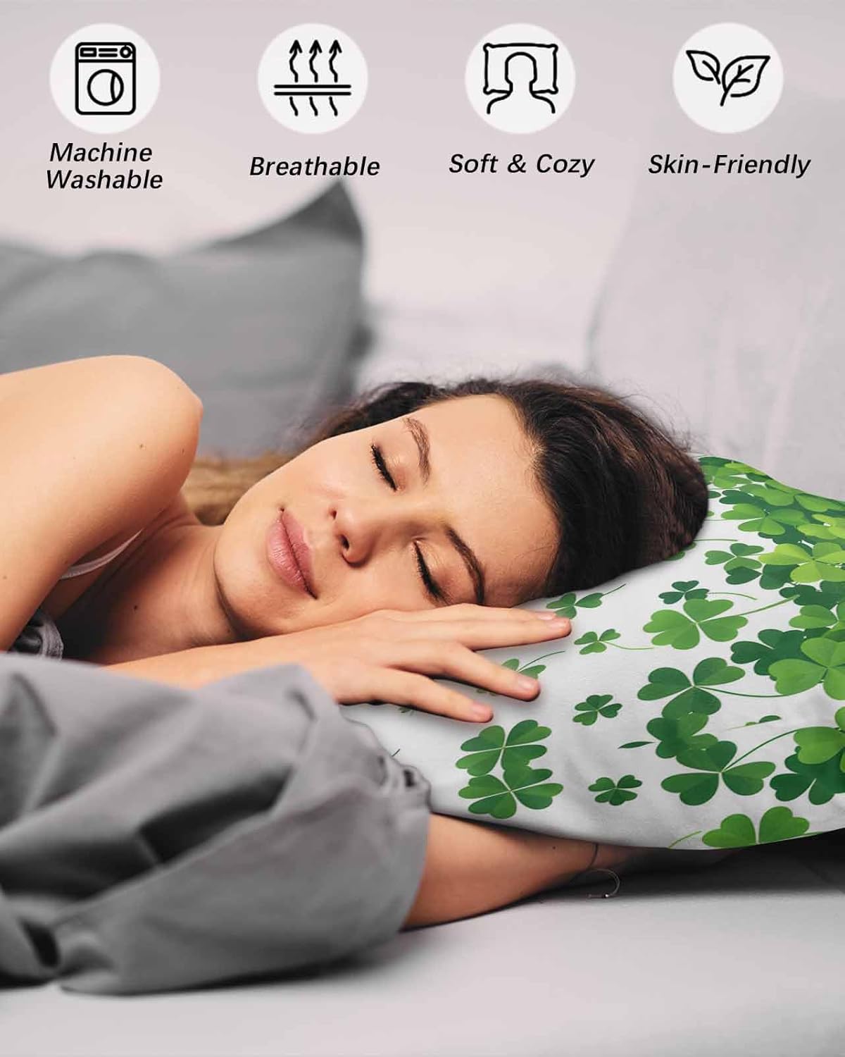 DecorLovee St. Patrick's Day Pillow Cases Standard Size Set of 2 - Microfiber Bed Throw Pillow Covers, Weeping Lucky Clover Green Botanical Lumbar Pillow Cover with Envelope Closure for Sofa 20"x26"