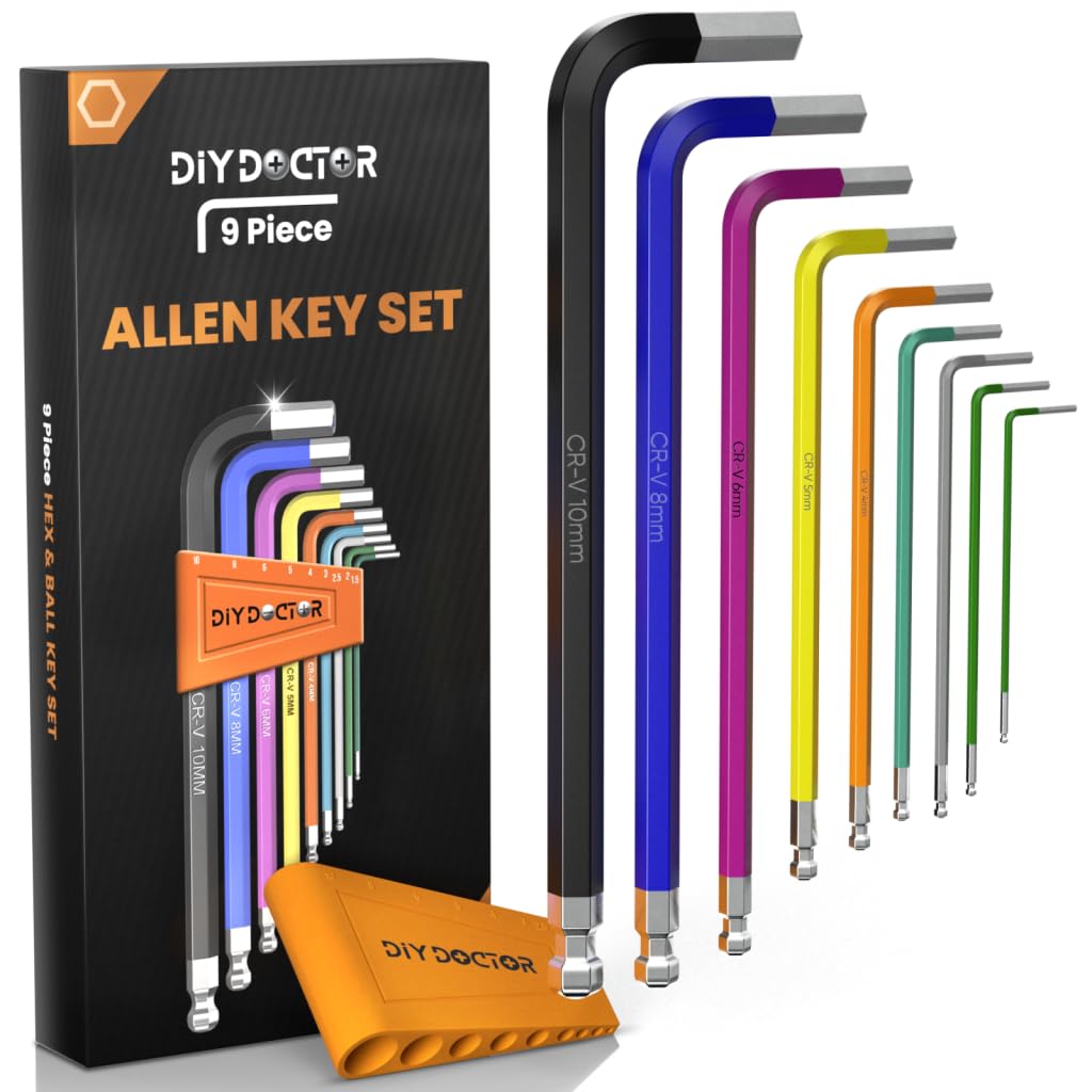 DIY Doctor Hex Key Set with Magnetic Ball-End – 9pc Allen Key Set 1.5–10mm – Colour Coded Long Arm CRV Steel – Metric Alan Keys for Bike, Home & Furniture Repairs