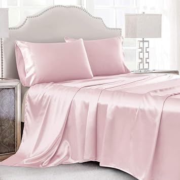 4 Pcs Blush Pink Satin Sheets Full Size Silk Satin Bedding Sheets Set with 1 Deep Pocket Fitted Sheet, 1 Flat Sheet, 2 Pillowcase