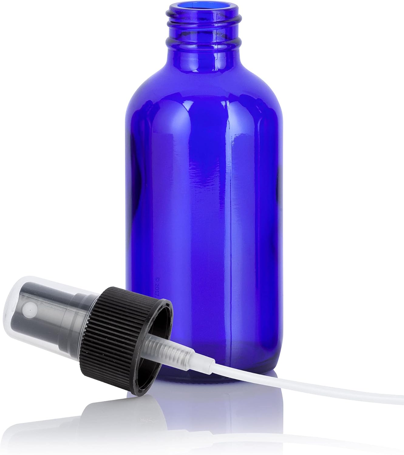 JUVITUS (12 pack) 4 oz Cobalt Blue Glass Boston Round Bottle with Black Fine Mist Spray + Funnel