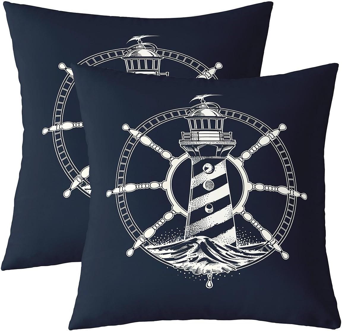Pack of 2 Nautical Decorative Throw Pillow Covers, Soft Lighthouse Rudder Pattern Square Cushion Case Set for Couch Sofa Bedroom Living Room, Sea Adventure Pillow Cases Pillowcases, 22x22 Inches