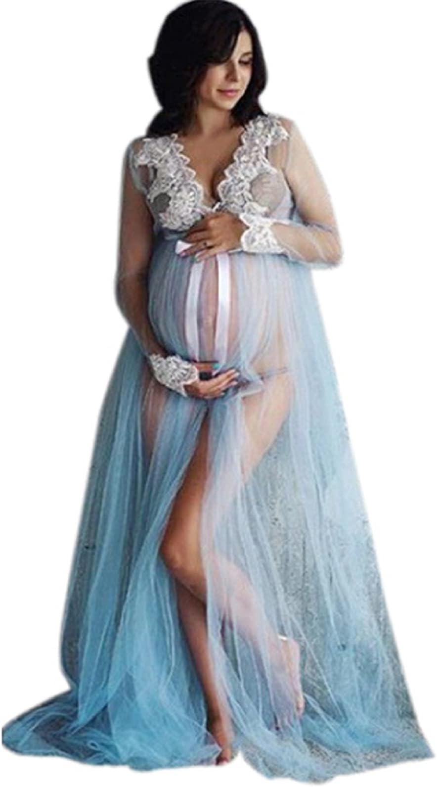 Maternity Dress for Photography Deep V Neck Chiffon Gown Split Front Lace Long Maxi Dresses