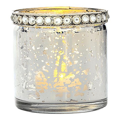 Luna Bazaar Vintage Mercury Glass Candle Holder with Rhinestones (2.5-Inch, Thea Design, Silver) - for Use with Tea Lights - for Home Decor, Parties, and Wedding Decorations