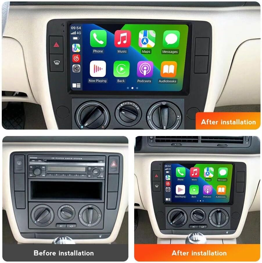 Image showing a car dashboard with a 'Before installation' view of the old radio and an 'After installation' view of the new 10-inch Android head unit.