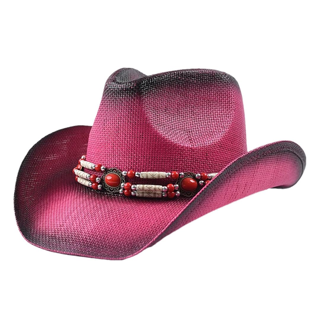 Cappelli da sole da donna in paglia stile occidentale per donna vintage bordo arricciato cowgirl jazz cappello da spiaggia, Rosa, Etichettalia unica