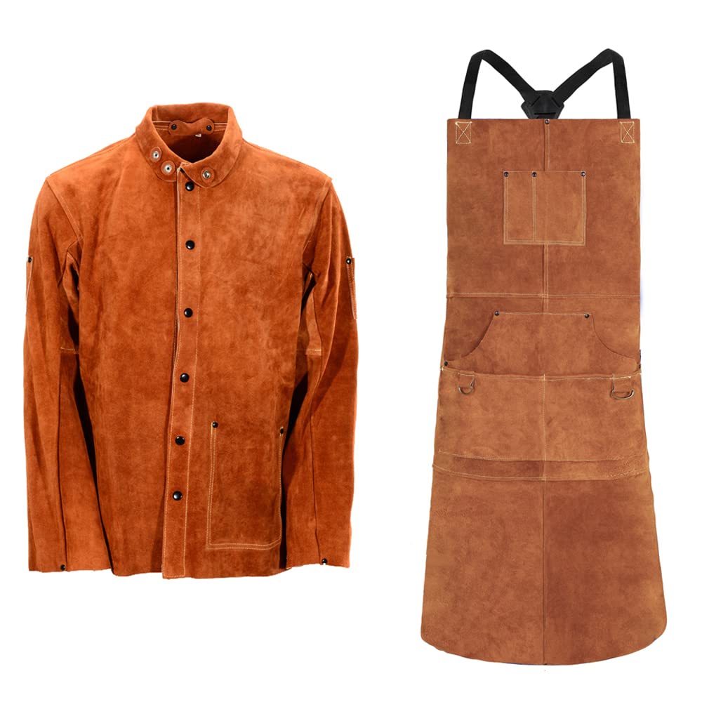 QeeLinkLeather Welding Work Jacket with Leather Apron Flame-Resistant Heavy Duty Split Cowhide Leather Welder Jackets with Welding Apron for Men & Women, Small