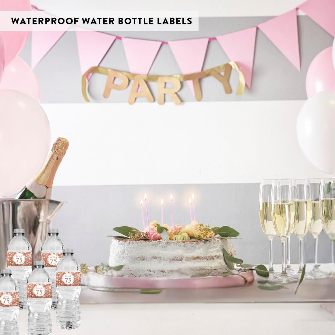 Andaz Press Glitzy Faux Glitter Rose Gold Water Bottle Labels Stickers, Cheers to 75, 75th Birthday Water Bottle Labels Anniversary 75th Birthday Decorations for Women Birthday Party Favors, 20-Pack