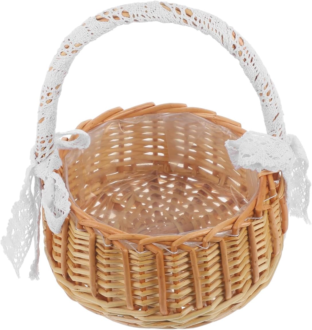 Cabilock Jacquard Woven Wicker Flower Girl Basket with Single Handle 10.23X7.87X7.87 Inch Portable Rattan Basket for Easter Party Ceremony Home Decor image 4