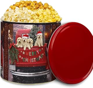 Popcorn Tin - Caramel, White Cheddar, Butter, Popcorn tin with Puppies, Gift Giving - 21 oz (3 Gallon Tin Size)