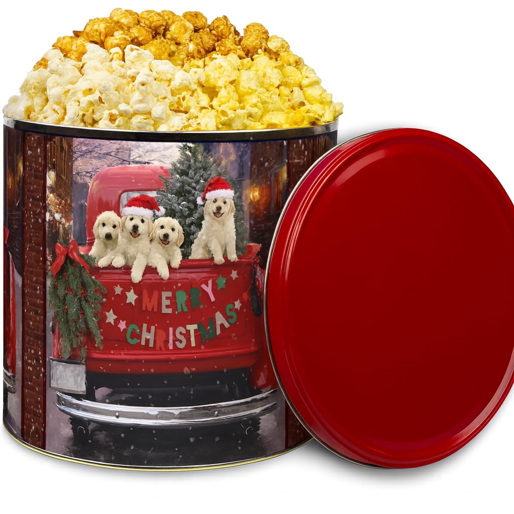 GiftPop Popcorn Tin - Caramel, White Cheddar, Butter, Popcorn tin with Puppies, Gift Giving - 21 oz (3 Gallon Tin Size)