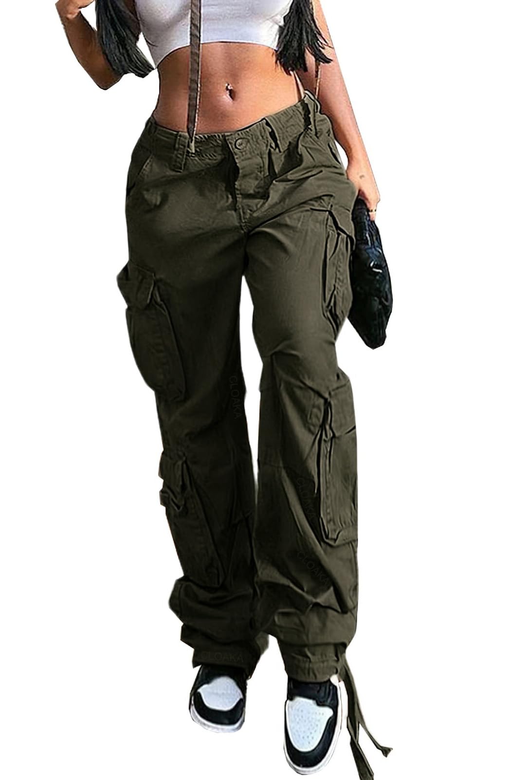 CLOAKA Pantalon cargo Y2k pour femme - Pantalon cargo ample en coton - Taille haute - Avec poches - Streetwear