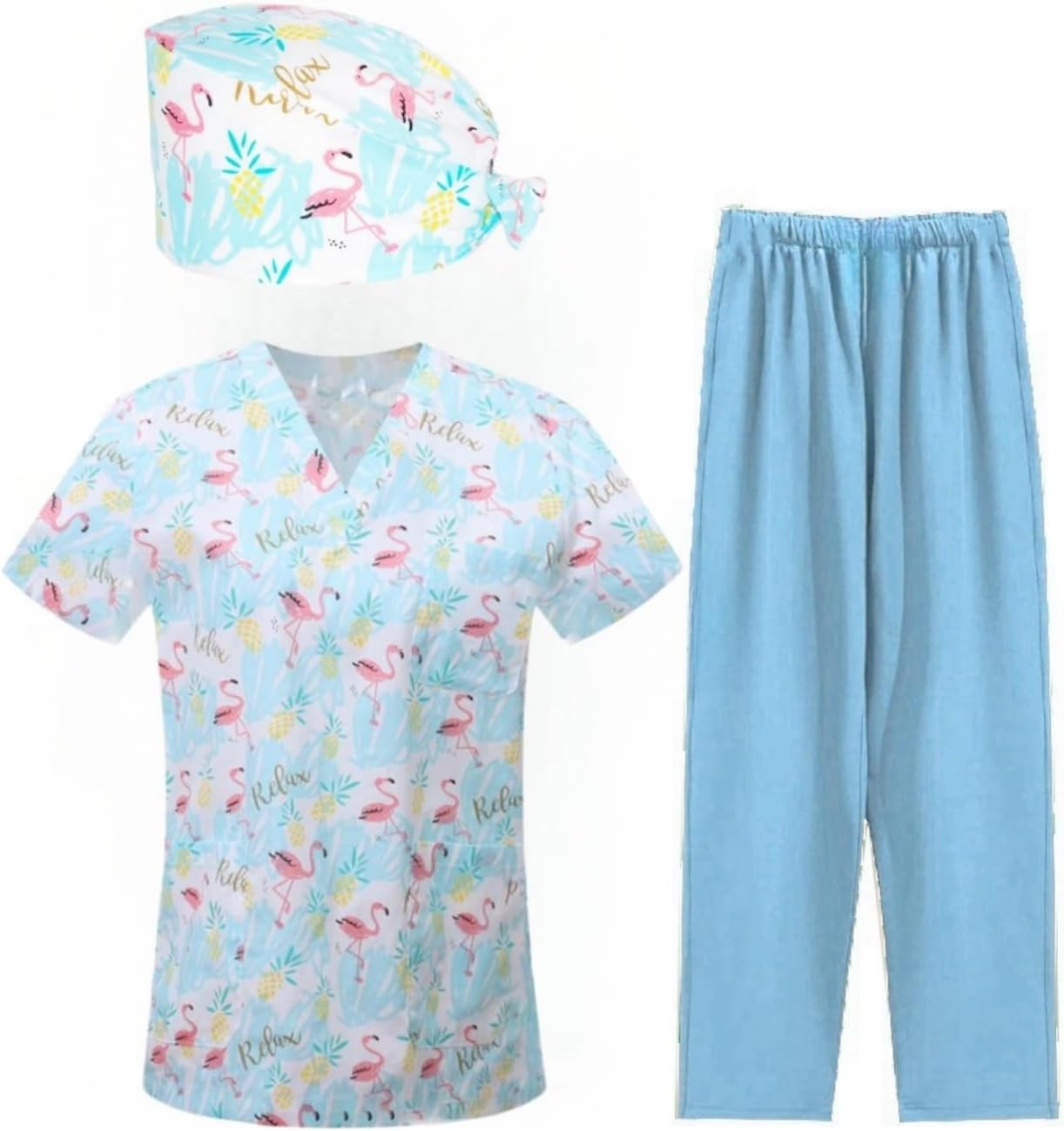 Floral Print Scrub Set with Cap for Women Men V-Neck Soft Stretch Medical Uniform Top & Pants