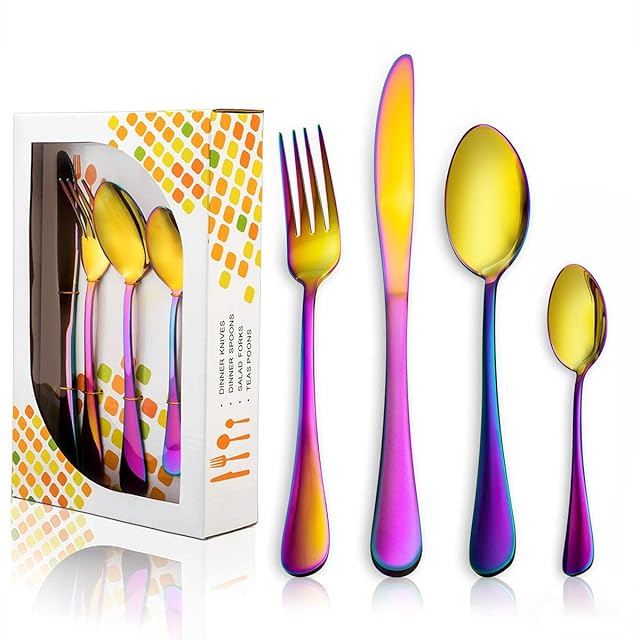 24 Piece Rainbow Cutlery Set for 6, HaWare Stainless Steel Colorful Flatware Silverware Sets with Knife/Spoon/Fork, Iridescent Mirror Finish, Dishwasher Safe