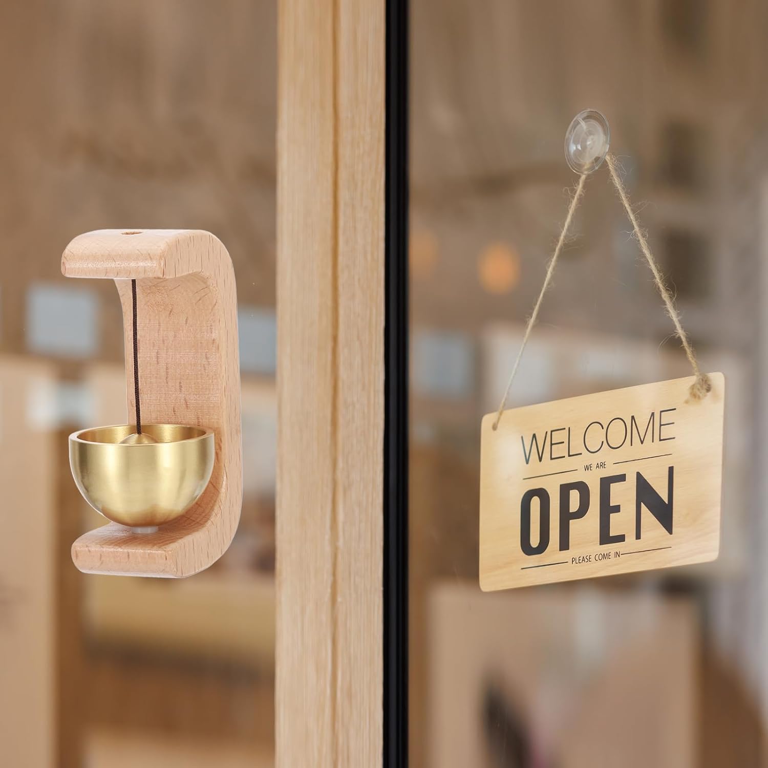 PATIKIL Shopkeepers Bell, Wood Door Chime Hanging Magnetic Door Bell Jingle Bells Metal Doorbell with Self-Adhesive for Door Opening Business When Entering Decoration, Brown, C Shape