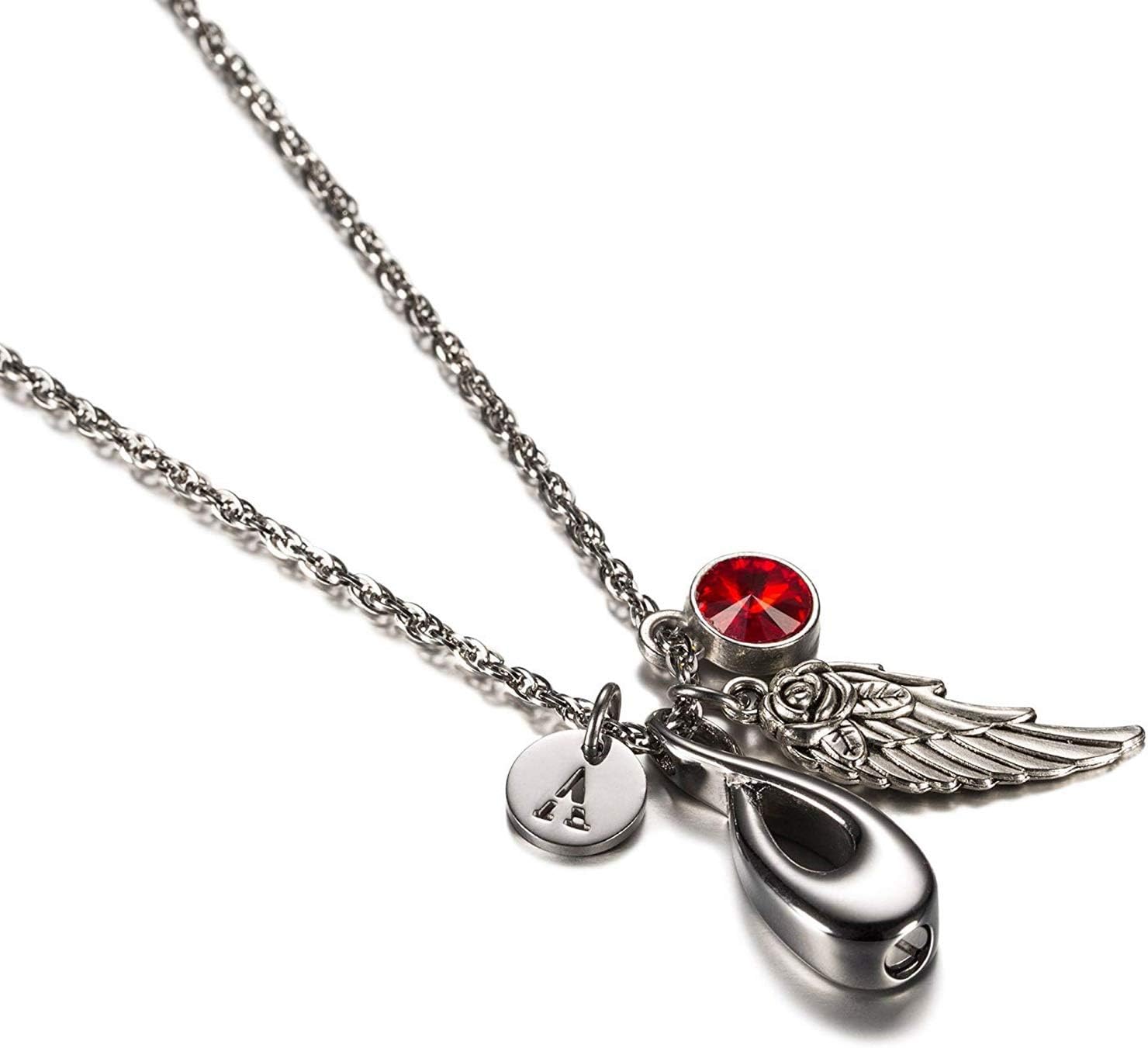 Gualiy Ash Necklace Urn Stainless Steel Infinity Symbols with Birthstone, Angel Wings & 26 Letter Ashes Locket Necklace