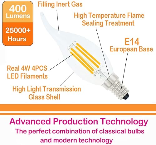 Miniatura 5 de Lamsky Bombilla LED E14 con base europea de 4 W, bombillas LED regulables equivalentes a 40 W, bombillas LED con punta de llama, 110 V, 4000 K,