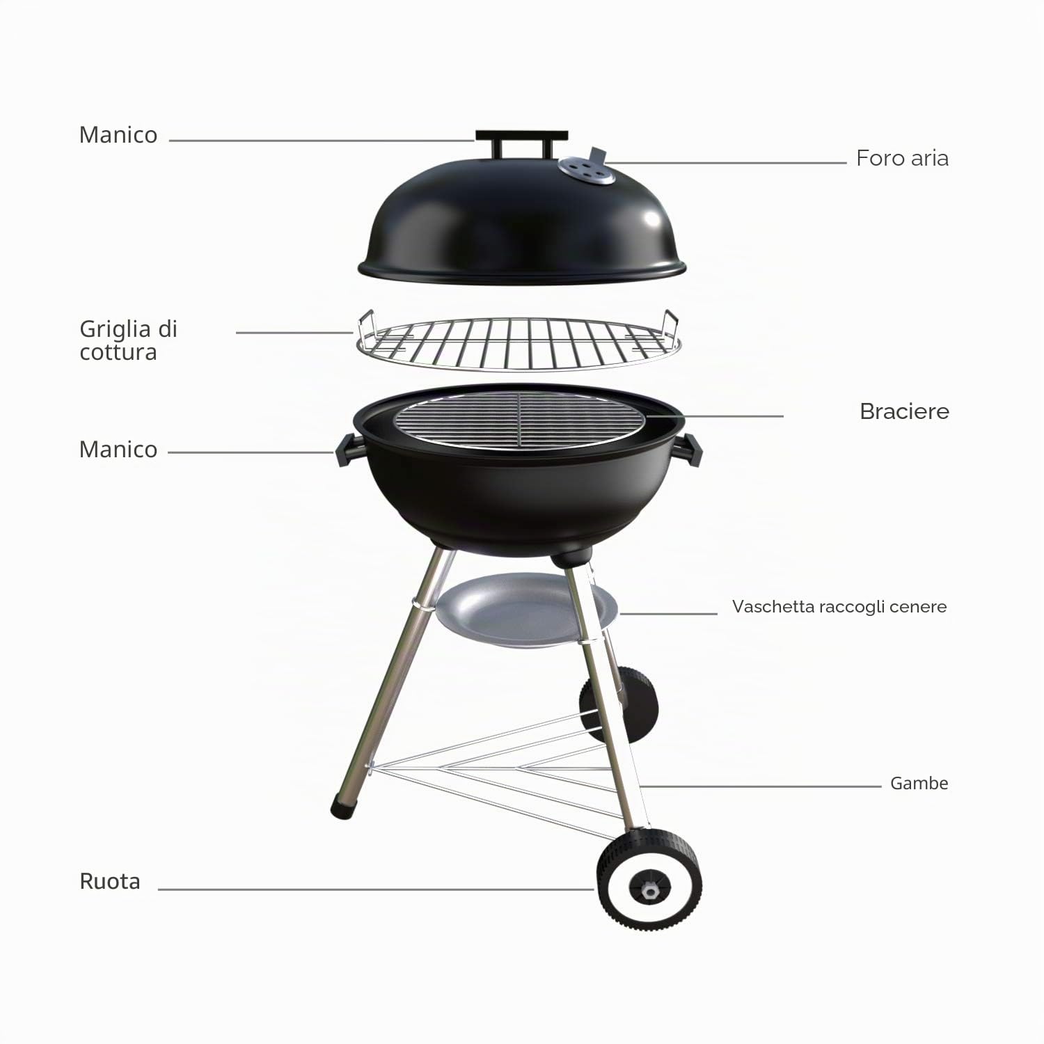 Barbecue a carbone portatile BBQ rotondo con coperchio a doppia ruote, barbecue su piedistallo φ 41 cm altezza 70 cm - nero