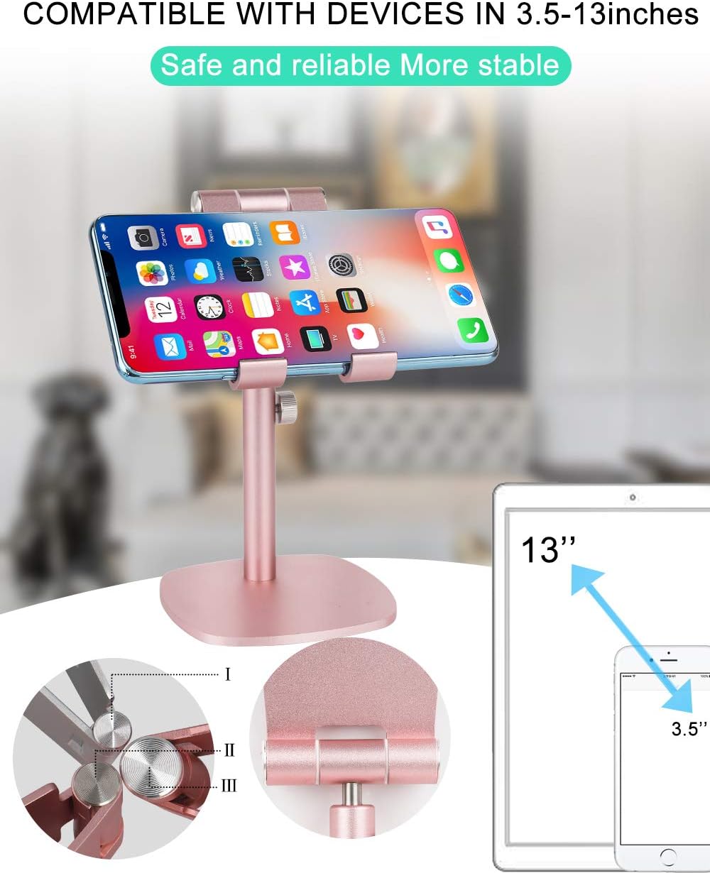 Adjustable Tablet/Phone Stand,SKEJER Telescopic iPad Stand,Height Cell Phone Stand, Aluminum Alloy,Table Phone Holder for Desk,Compatible with 4"-13" Smartphone/Kindle/Tablet/iPad/iPhone -Rose Gold