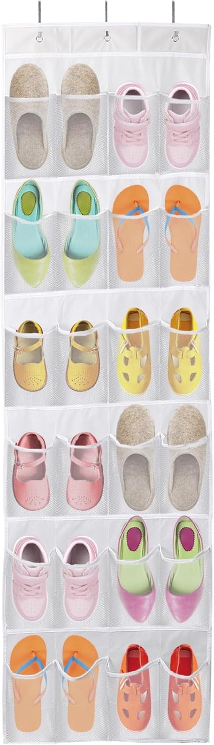 Over The Door Shoes Rack 24-Pocket Crystal Clear Organizer 6-Layer Hanging Storage Shelf for Shoes Slippers Small Toys Closet Cabinet