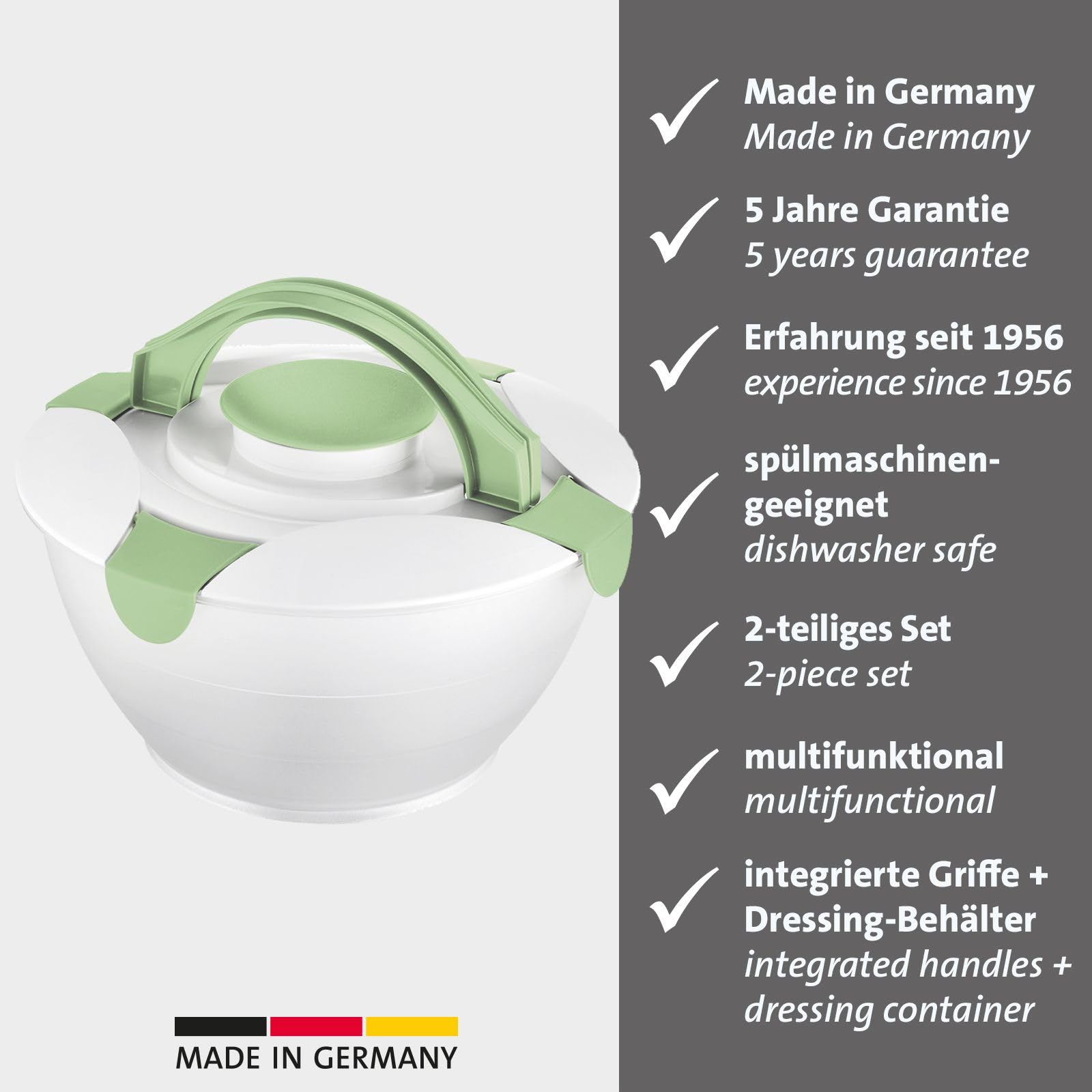 Westmark Insalatiera con Manico e Contenitore per Condimento, Capacità 6.5 Litri, Plastica, Praktika, Trasparente e Bianco e Verde, 2422227M