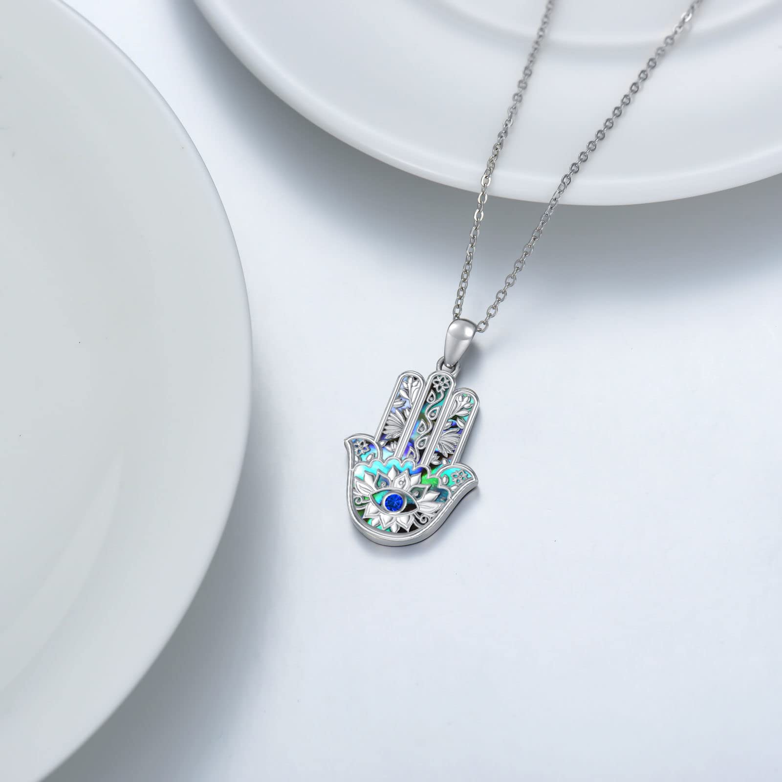 VONALA Collar de mal de ojo de plata de ley 925, joyería de mano de hamsa para mujeres y niñas, MIDDLE, Plata esterlina, Circonia cúbica