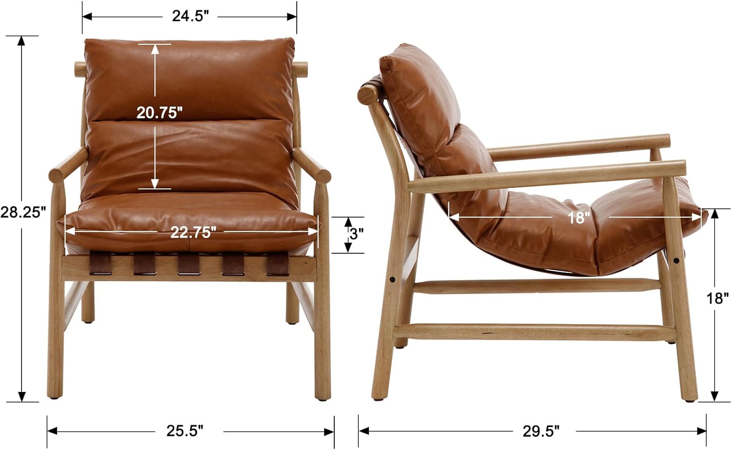 Kmax Modern Sling Accent Chair Upholstered PU Leather Living Room Chair Comfy Lounge Chair Solid Arm Chair for Reading Room, Backyard, Brown