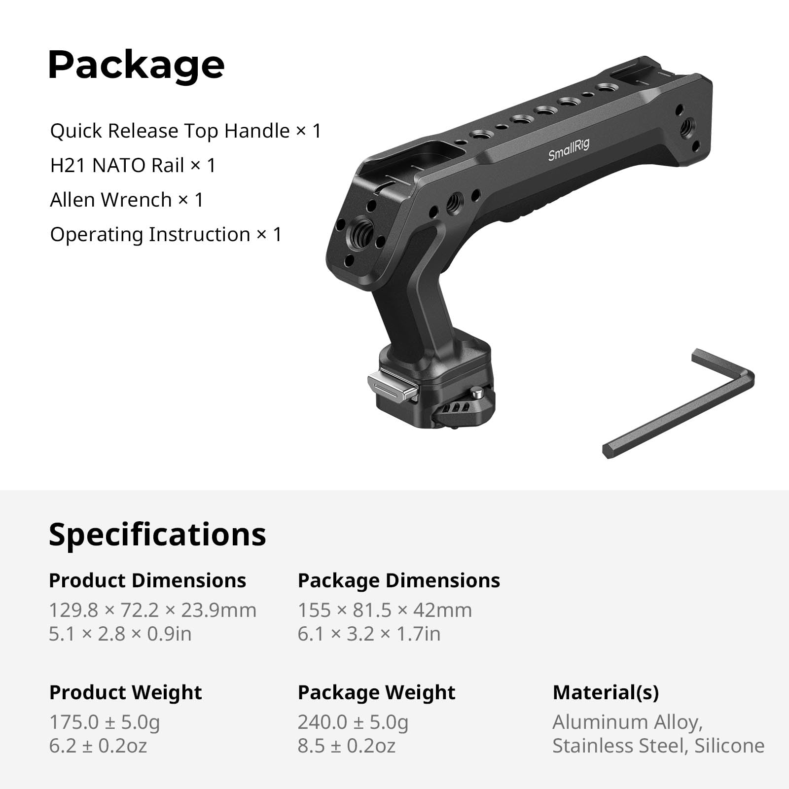 SMALLRIG HawkLock H21 Poignée Supérieure à Dégagement Rapide, Bidirectionnelle et Compatible avec NATO QR-Slide pour Arri (vis 1/4"-20), Conception Ergonomique, Charge Max15 kg - 5632