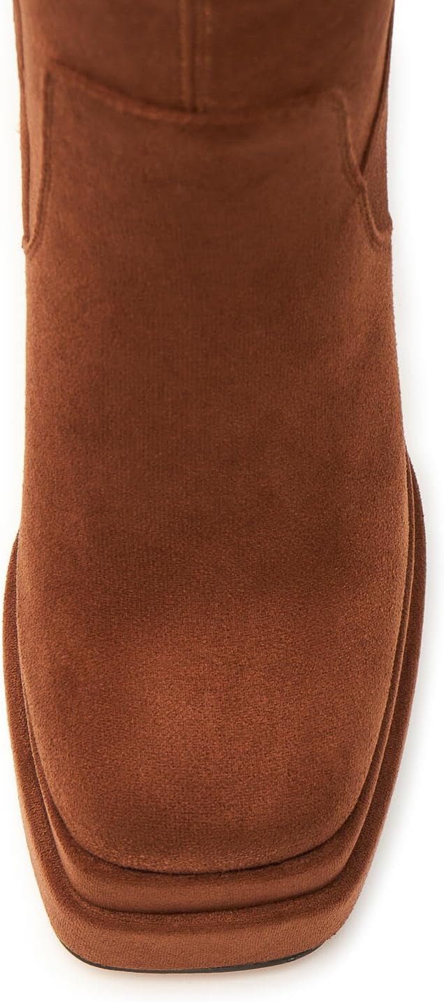 ZXHYZLZ Women's Wide Calf Knee High Suede Platform Boots – Chunky High Heel Stretch Pull-On Tall Boots for Plus Size Legs