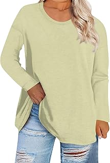 Plus Size Tops for Women, Long Sleeve Crewneck Pullover Shirt Solid Color Basic Blouses Oversized Tunic Tops Womens Tops Shirt Plus Size Blouse T-Shirt Loose Tops Oversize Loose Tunic UK