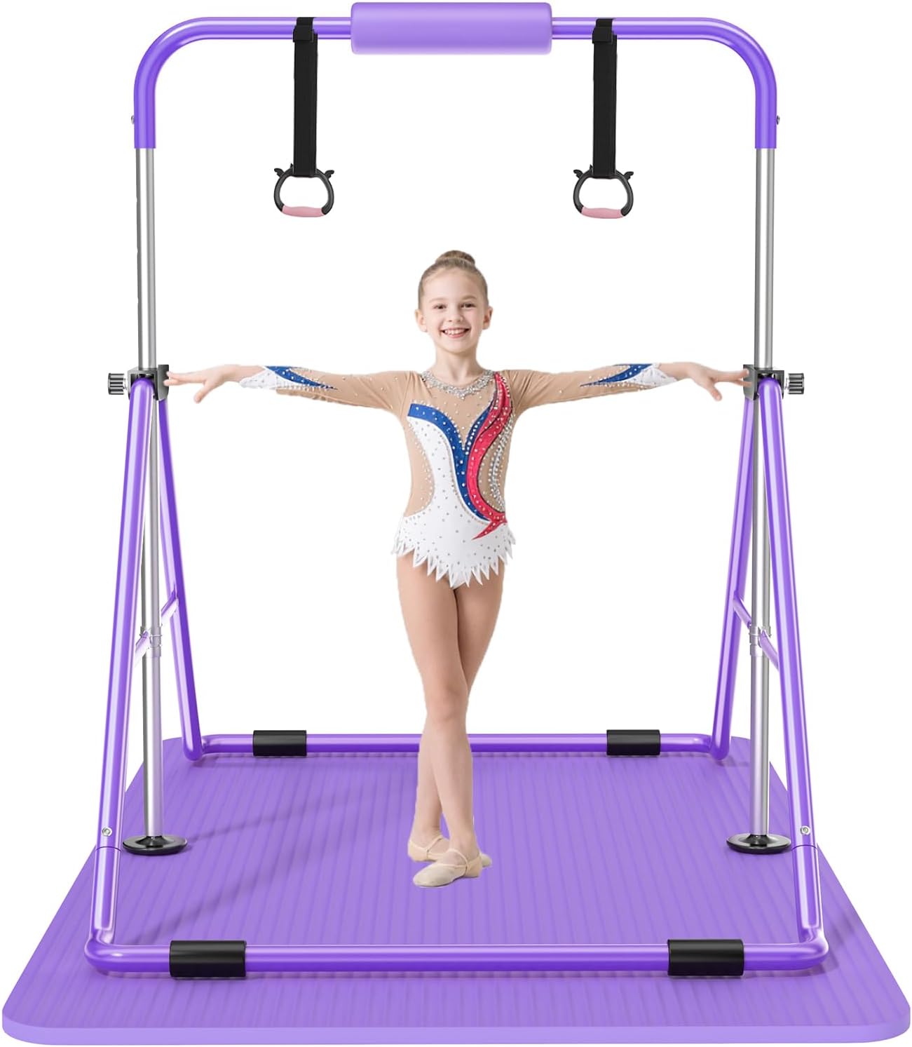 Safly Fun Foldable Gymnastics Bar for Kids, Adjustable 35"-51", Sturdy 145 lbs Capacity, Easy-to-Assemble, Gymnastics Equipment for Kids for Indoor/Outdoor Training Purple with Mat