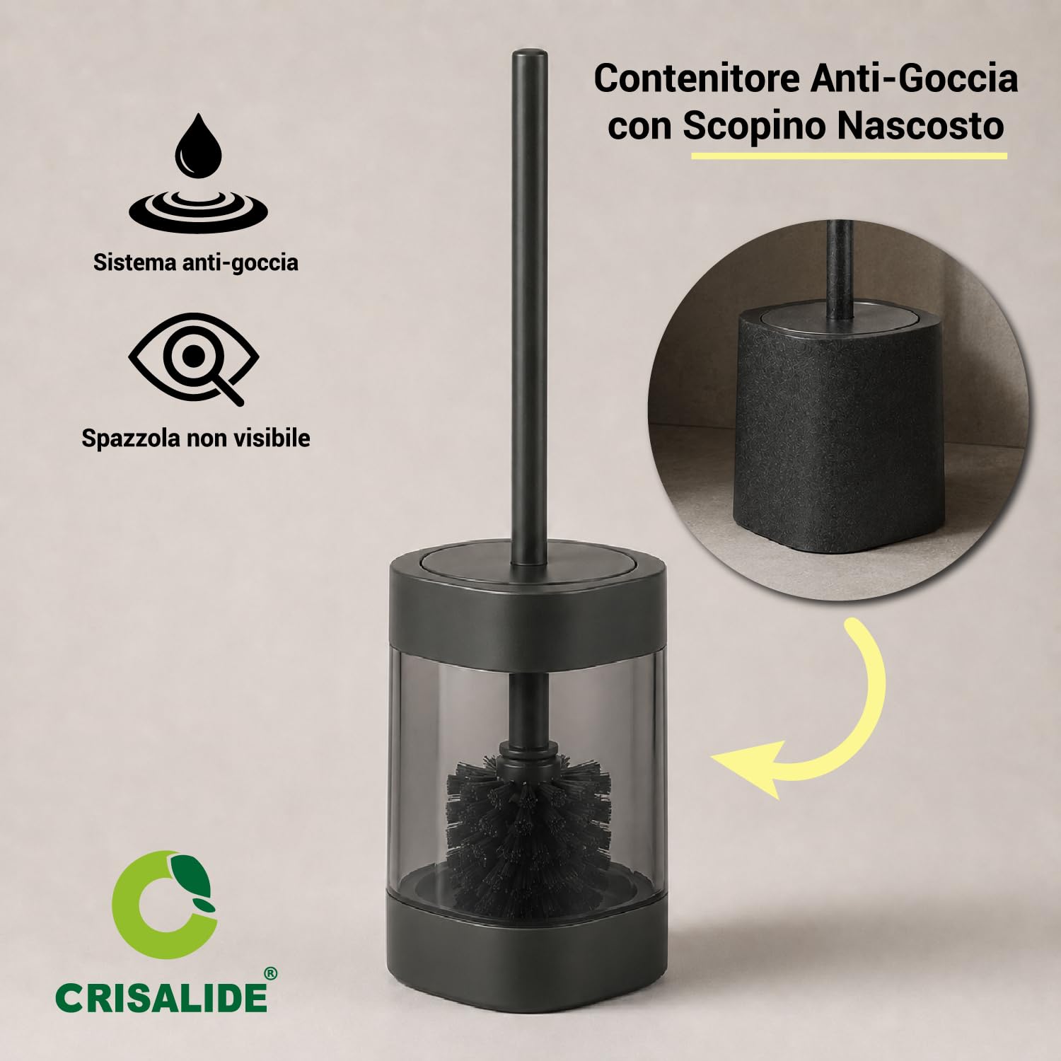 Crisalide® - Escobilla WC con escobilla triangular de Ecoallene, cerdas negras, recipiente antigoteo, cepillo oculto, diseño compacto para baño, color antracita