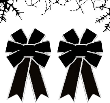 Small Black Halloween Bow for Wreath and Front Door Decoration, Wired Burlap Bow for Halloween Indoor Outdoor Home Decor Supplies 8.46 12.99 Inch 2pcs