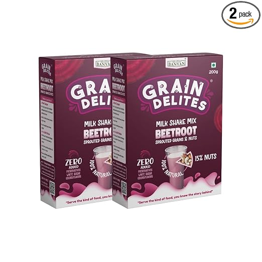 GrainDelites Milkshake Mix - Beetroot, Sprouted Grains, Millets and Nuts 2 x 200g - 100% Natural, No Refined Sugar Health Drink Mix for Kids and Adults