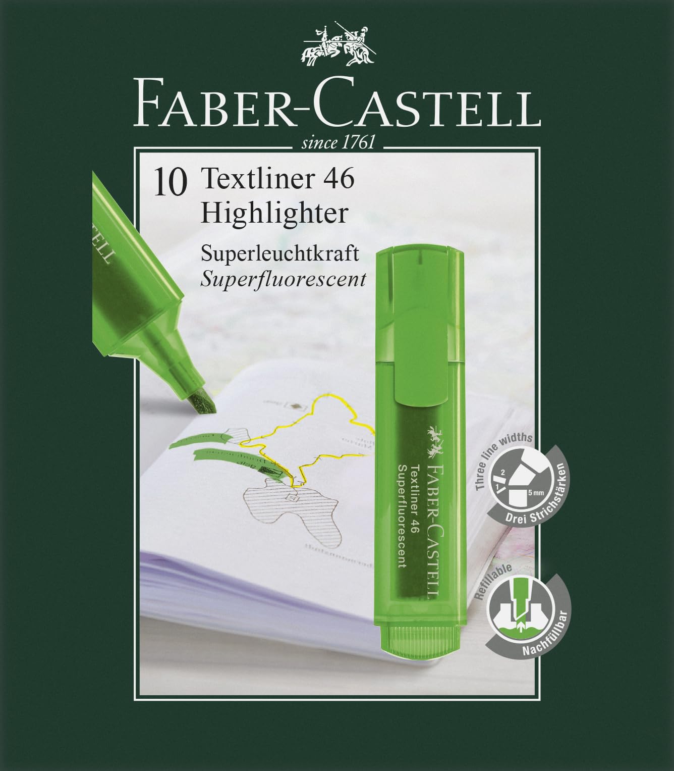 Faber-Castell 1546 Super Fluorescent Textliner - zielony (pudełko 10 sztuk)