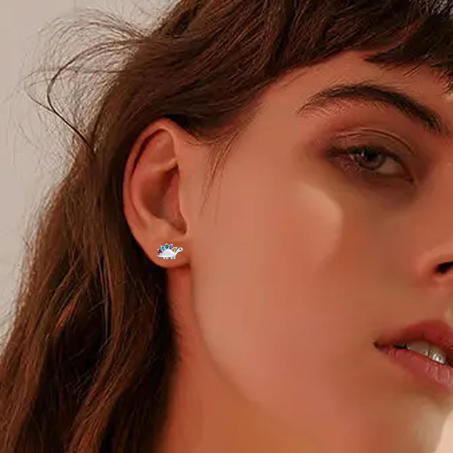 Rainbow Dinosaur Earrings for Womens 925 Sterling Silver Cubic Zirconia Dinosaur Stud Earring Hypoallergenic Tiny Dino Jewelry Gifts for Women