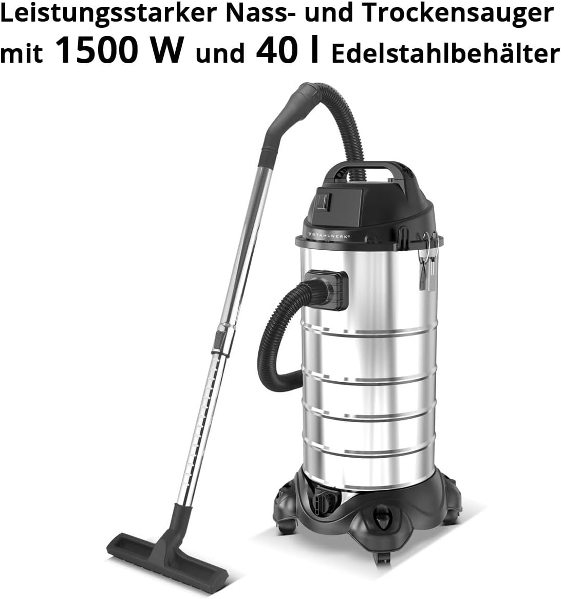 STAHLWERK VCL-1500 St VCL-1500 Industrial Vacuum Cleaner 1500 W with 40 L Stainless Steel Tub, Blow Function, Safety Stop and Wide Range of Accessories