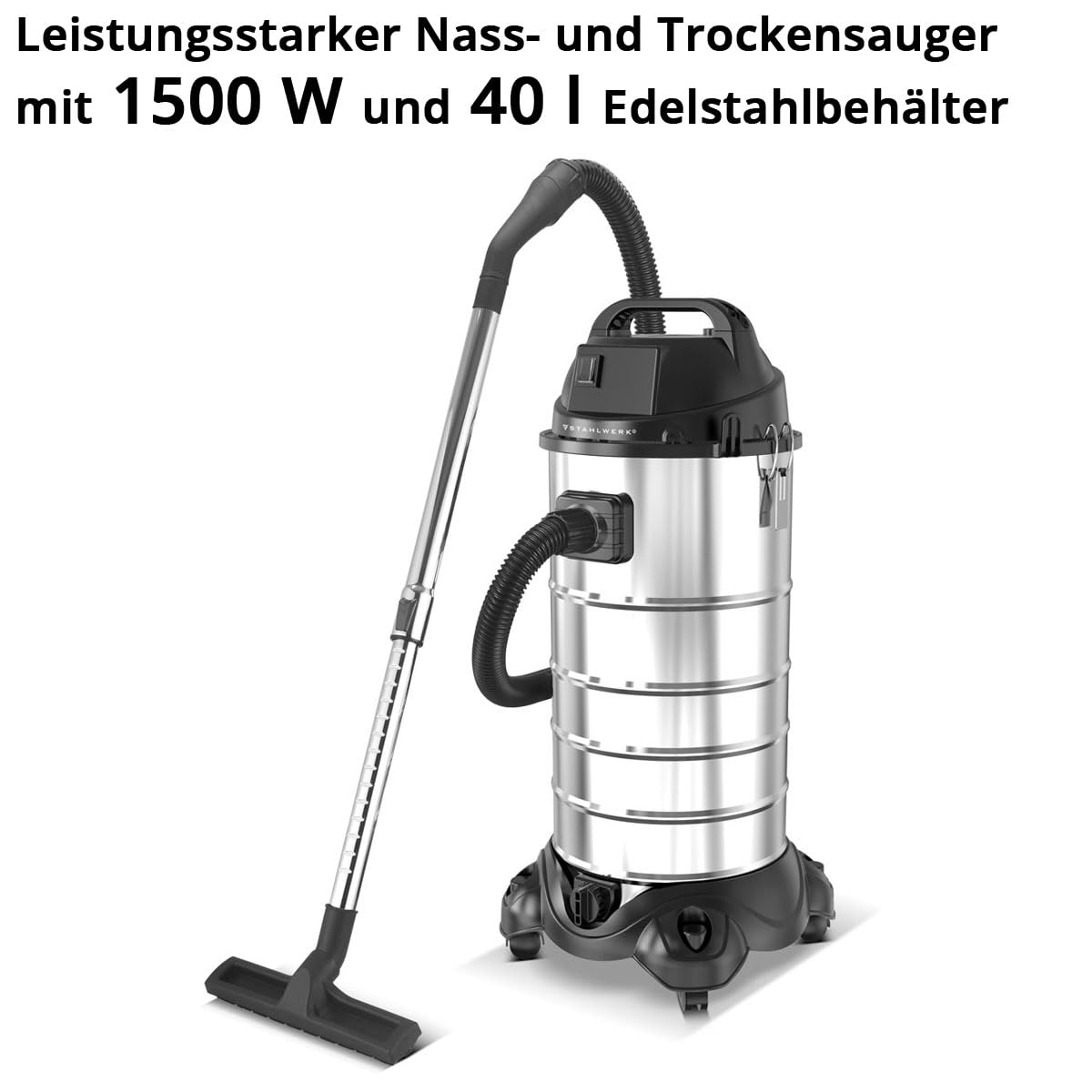 STAHLWERK Nass- und Trockensauger VCL-1500 ST, 1500 W Industriesauger | 40 l Edelstahlbehälter, Blasfunktion, Sicherheitsabschaltung, umfangreiches Zubehörpaket, robuster Werkstattsauger