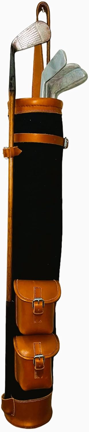 Geoffrey | Golf Club Carrying Bag with 2 Pockets | Vintage Canvas with 100% Cow Tan Leather Pockets and Straps | Retro - Golf Bag only