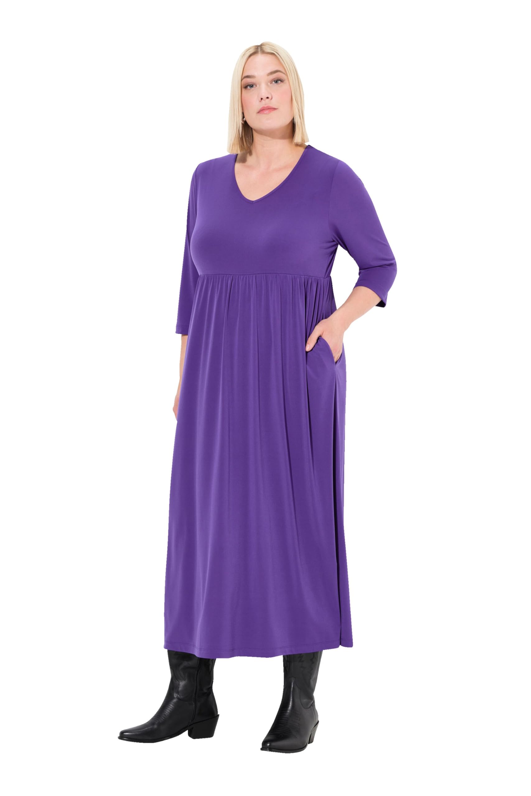 Ulla Popken Damen große Größen Übergrößen Plus Size Jerseykleid, A-Linie, V-Ausschnitt, 3/4-Arm, Taschen 832615