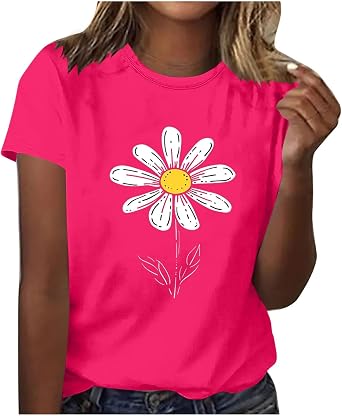 Cute Summer Tops Crew Neck Floral Graphic Tee
