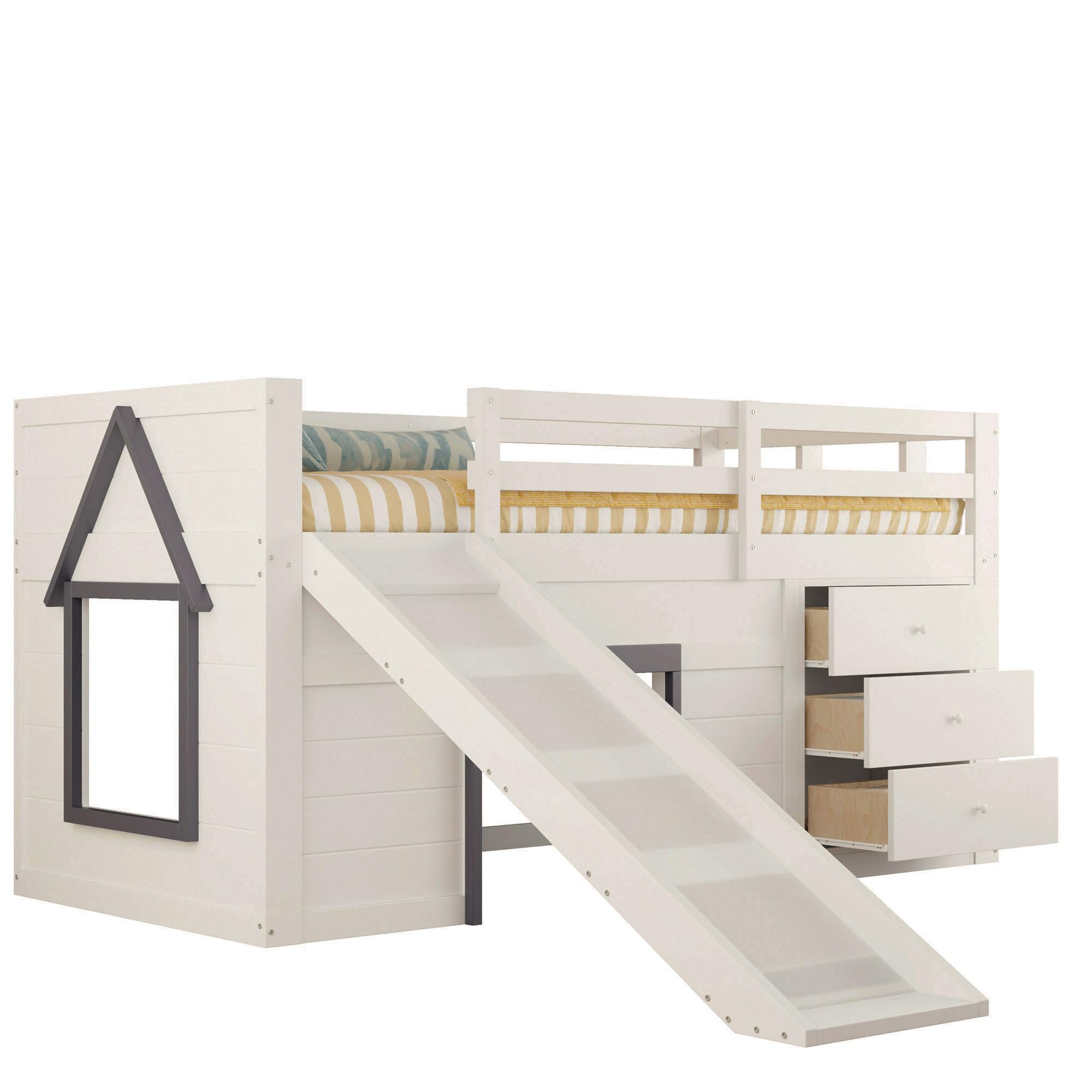 Merax Kinderbett 90x200 Funktionsbett Kinder Hochbett mit Rutsche, Stauraum, Unterhaltungsbereich unter dem Bett - Holzbett mit Lattenrost, Leiter und Rausfallschutz, Kiefer, ohne Matratze, Creme